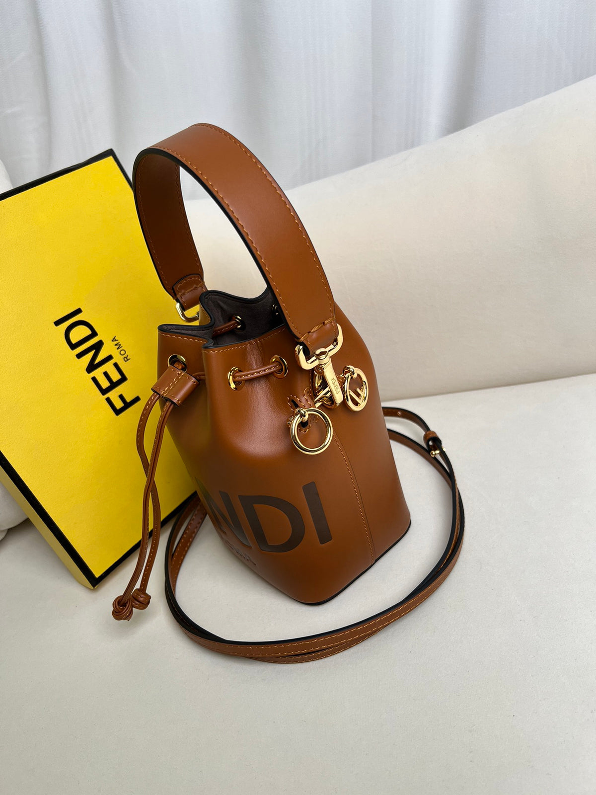 Cognac Drawstring Bucket Bag