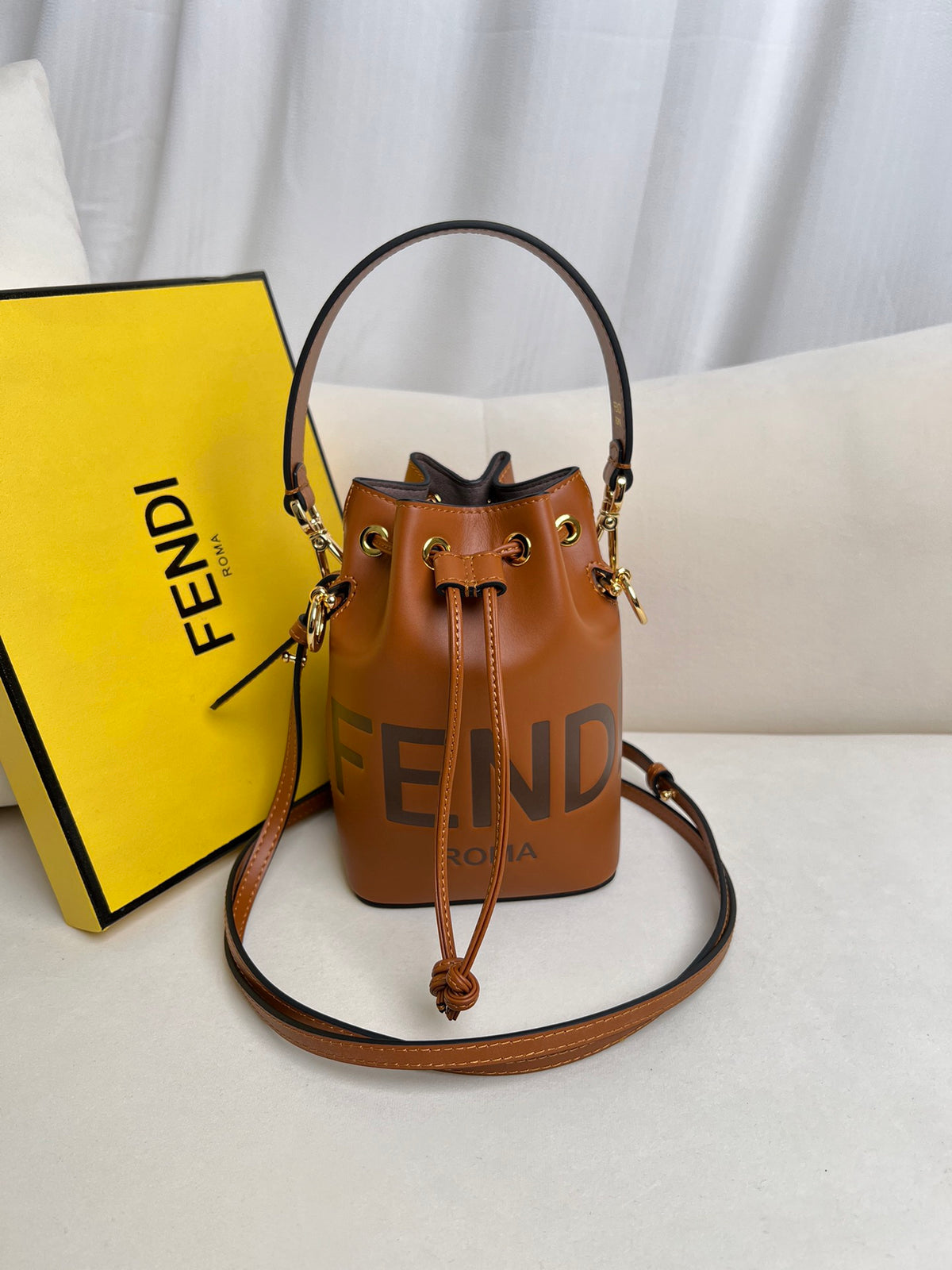 Cognac Drawstring Bucket Bag