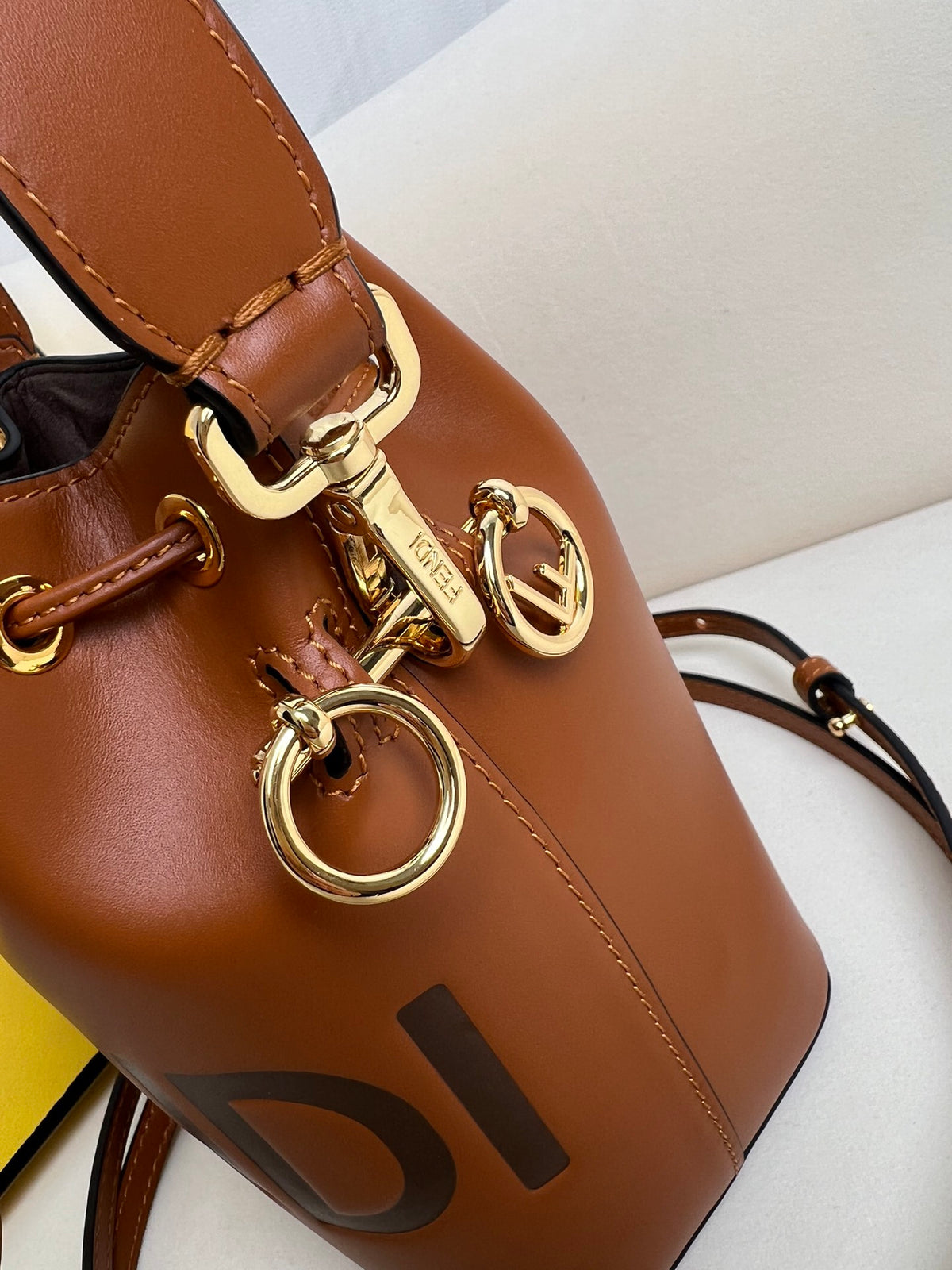 Cognac Drawstring Bucket Bag