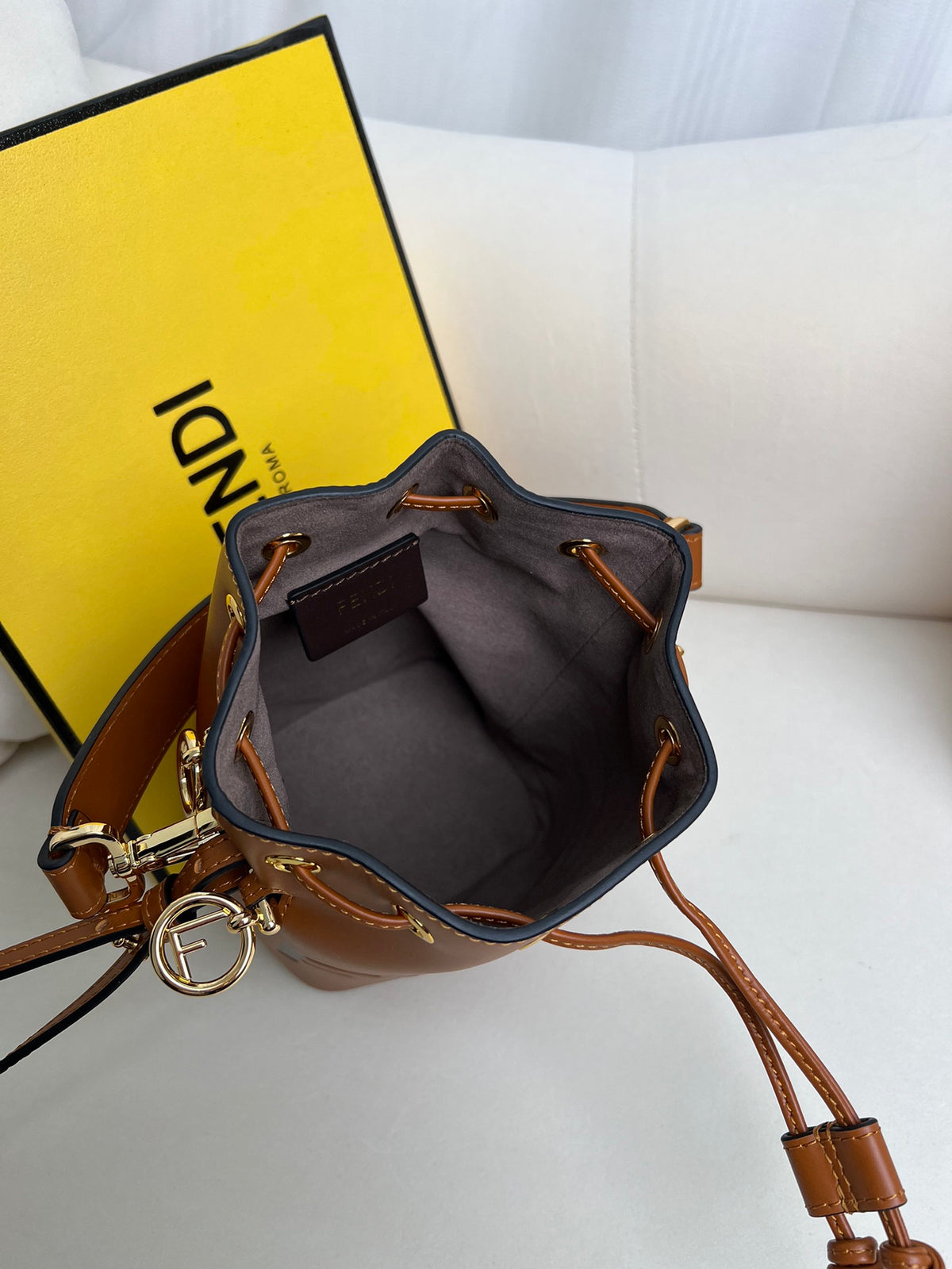 Cognac Drawstring Bucket Bag
