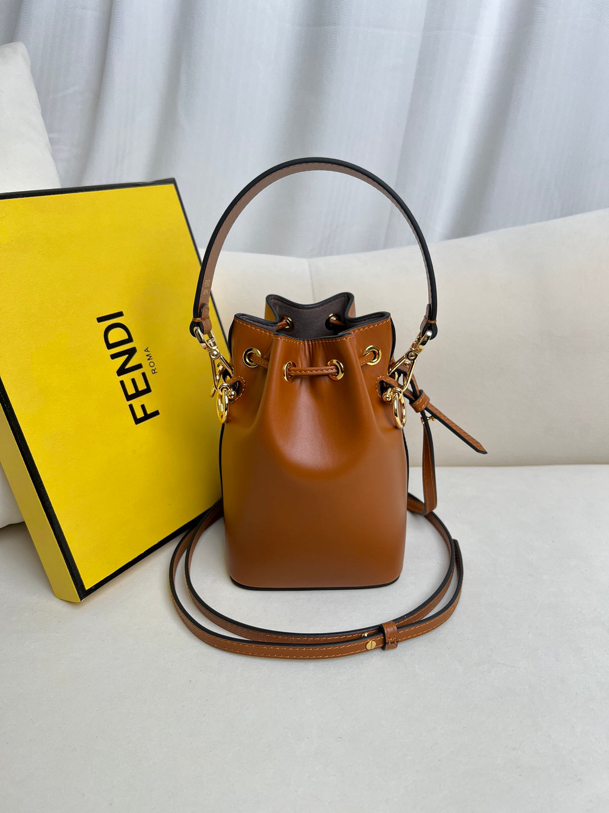 Cognac Drawstring Bucket Bag